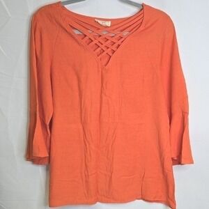 Lida Collection V-neck Tunic, Bell Sleeves, Coastal Boho, Orange, Small Medium